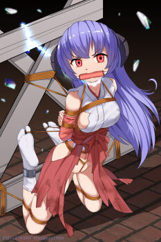 1girl angry arms_behind_back bare_legs bdsm bit_gag blush bondage bound bound_arms bound_legs bound_toes breasts chain chained commentary_request crotch_rope detached_sleeves feet_up full_body gag gagged glaring glowing glowing_eyes groin haimei1980 hair_between_eyes hakama hakama_skirt hanyuu highres higurashi_no_naku_koro_ni horns japanese_clothes kimono kneeling legs_folded long_hair looking_at_viewer medium_breasts miko no_bra no_panties nontraditional_miko on_ground outdoors purple_hair red_eyes red_hakama restrained shards shibari skindentation skirt socks solo tabi torn_clothes torn_hakama torn_kimono very_long_hair white_socks