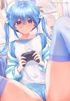 blue_hair controller dots game_controller highres looking_at_viewer mikeneko_mari original panties pantyshot partially_visible_vulva playing_games purple_eyes bow_panties solo spread_legs thighhighs twintails underwear