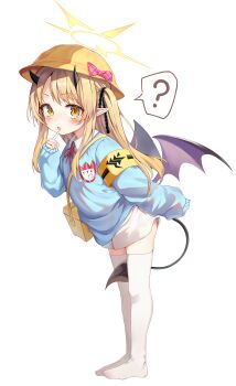 1girl ? absurdres alternate_costume armband bag black_ribbon blonde_hair blue_archive blue_shirt blush bow commentary demon_girl demon_horns demon_tail demon_wings doodle_sensei_(blue_archive) finger_to_mouth flat_chest full_body hair_ribbon halo hat hat_bow highres horns ibuki_(blue_archive) kindergarten_uniform leaning_forward loli long_sleeves looking_at_viewer miniskirt mojo_(mojoawa) name_tag no_shoes one_side_up open_mouth pink_bow pointy_ears puffy_long_sleeves puffy_sleeves ribbon school_hat sensei_(blue_archive) shirt shoulder_bag sidelocks simple_background skirt sleeves_past_fingers sleeves_past_wrists solo speech_bubble spoken_question_mark standing tail thighhighs white_background white_skirt white_thighhighs wings yellow_armband yellow_bag yellow_eyes yellow_halo yellow_hat
