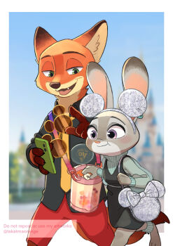 1boy 1girl absurdres animal_ears character_bag disneyland fox_ears furry furry_female furry_male gamorangetana green_eyes highres long_sleeves looking_at_viewer mickey_mouse_ears minnie_mouse open_mouth pants phone purple_eyes rabbit_ears rabbit_girl shirt smile tail zootopia