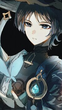 1boy aqua_gemstone black_background black_bodysuit black_hair blue_butterfly blue_cape blue_eyes blue_hat blue_kimono blunt_ends bodysuit bright_pupils bug butterfly c_ixxp cape commentary dutch_angle fingernails gem genshin_impact gold hat highres insect japanese_clothes jingasa juban kimono looking_at_animal looking_down male_focus mandarin_collar open_clothes open_hand open_kimono parted_lips pom_pom_(clothes) portrait scaramouche_(genshin_impact) sketch solo symbol-only_commentary vision_(genshin_impact) wanderer_(genshin_impact) white_kimono white_mouth white_pupils