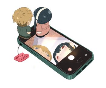 1boy 1girl absurdres anya_(spy_x_family) black_hair blonde_hair blue_eyes brown_eyes camera_phone cellphone cellphone_charm charm_(object) coat figures_taking_selfie_(meme) green_jacket highres jacket meme mini_person nv0212v phone pink_coat pink_hair selfie smartphone spy_x_family standing_on_object twilight_(spy_x_family) user_interface viewfinder white_background