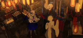 Rule 34 | 1girl, 2boys, architecture, cupboard, dust girl, east asian architecture, highres, indoors, interior, lantern, looking at another, multiple boys, original, paper lantern, plate, restaurant, white hair