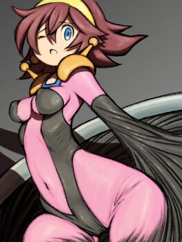 1girl beeru_(veil8801) blue_eyes bodysuit breasts brown_hair commentary covered_erect_nipples covered_navel g_gundam gradient_background grey_background gundam hair_between_eyes hairband highres mecha_pilot_suit medium_breasts mobile_trace_suit one_eye_closed pink_bodysuit rain_mikamura short_hair solo yellow_hairband