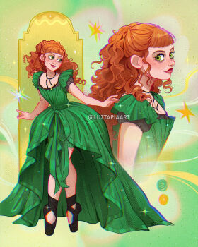 1girl agnes_demille artist_name black_shoes dress green_dress green_eyes highres long_hair luztapiaart multiple_views orange_hair shoes short_sleeves the_addams_family tiptoes watermark wednesday_(netflix)