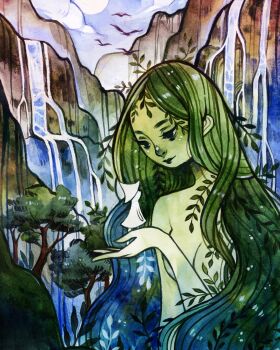 Rule 34 | 2girls, bird, breasts, colored skin, dress, feefal, fern, giant, giantess, green hair, green skin, hat, highres, lips, long hair, monster girl, multiple girls, nose, nude, original, painting (medium), plant girl, traditional media, tree, upper body, water, watercolor (medium), waterfall, witch hat