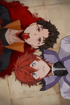 2boys black_hair blood blood_from_mouth blood_on_clothes blue_eyes collared_shirt commentary_request corpse eu_sem_voce_(meme) highres jacket lying male_focus meme multiple_boys natsuki_subaru nervous on_back open_clothes open_jacket parted_lips re:zero_kara_hajimeru_isekai_seikatsu red_hair reinhard_van_astrea shirt soji_subd watermark