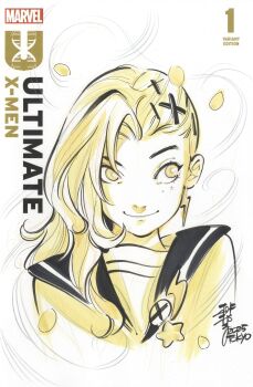 1girl 2025 copyright_logo copyright_name cover_sketch earrings hair_ornament hairclip highres jewelry lightning_bolt_earrings lightning_bolt_symbol logo long_hair looking_to_the_side marvel maystorm_(marvel) peach_momoko portrait sailor_collar sailor_shirt shirt sketch smile solo spot_color x-men yellow_eyes