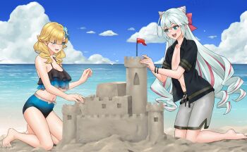 1boy 1girl absurdres alternate_costume androgynous beach bikini black_bikini blonde_hair blue_eyes blue_hair blue_sky blunt_bangs breasts building_sand_sculpture cleavage cloud cloudy_sky commission cone_hair_bun drill_hair fire_emblem fire_emblem_engage folded_twintails frilled_bikini frills hair_bun hair_horns hair_over_one_eye highres madeline_(fire_emblem) nintendo ocean quad_drills redkite333 rosado_(fire_emblem) sand_castle sand_sculpture sky small_breasts swimsuit trap wavy_hair