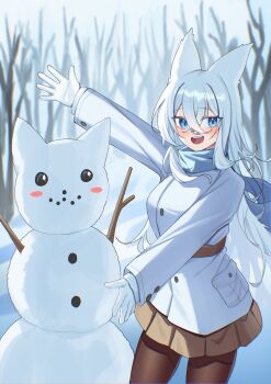 1girl absurdres animal_ears blue_eyes blue_scarf blurry blurry_background blush brown_pantyhose brown_skirt commentary cowboy_shot crossed_bangs gloves hair_between_eyes highres jacket jinggun long_sleeves looking_at_viewer open_mouth original outdoors pantyhose scarf skirt snowman solo standing teeth upper_teeth_only white_gloves white_hair white_jacket