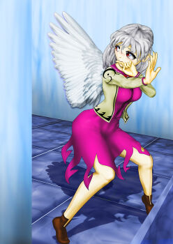 1girl arm_support blush boots braid brown_boots dress feathered_wings finger_to_mouth jacket kams kishin_sagume looking_to_the_side nose_blush open_clothes open_jacket purple_dress red_eyes single_wing solo tiptoes touhou white_hair wings