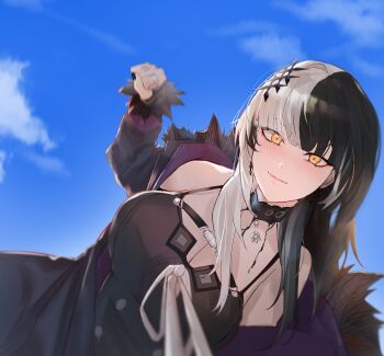 1girl absurdres black_choker black_coat black_dress black_hair black_nails blue_sky breasts choker cleavage clenched_hand closed_mouth coat day dress fur-trimmed_coat fur_trim grey_hair hashtag-only_commentary highres hololive hololive_english incoming_attack incoming_punch jewelry kurochanai large_breasts long_hair looking_at_viewer multicolored_hair outdoors punching ribbon ring shiori_novella shiori_novella_(1st_costume) sky solo split-color_hair two-tone_hair virtual_youtuber white_ribbon yellow_eyes