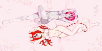 2girls absurdres ahoge animal_ear_fluff animal_ears arms_behind_head arms_up bed_sheet black_hair black_streaks blue_eyes bow bra braid breasts chainsaw_man commentary commission flat_chest food frilled_bra frills from_above fruit hakos_baelz heterochromia highres hololive hololive_english hololive_indonesia kizuru09 kureiji_ollie lingerie looking_at_viewer lying medium_breasts mouse_ears mouse_tail multicolored_hair multiple_girls navel official_alternate_hairstyle panties patchwork_skin petals pink_hair pink_petals red_eyes red_hair scene_reference short_hair side-tie_panties smile strawberry tail tail_bow tail_ornament thighhighs thighs toenails tongue tongue_out underwear virtual_youtuber white_bow white_bra white_hair white_panties white_thighhighs yellow_eyes