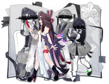 2boys 2girls animal_ears belle_(delicate_sunlight)_(zenless_zone_zero) belle_(zenless_zone_zero) brother_and_sister brown_hair calx china_dress chinese_clothes diary dress droopy_ears food fox_boy fox_ears fox_girl fox_tail from_side full_body glitch hashtag-only_commentary highres holding holding_food leg_tattoo long_hair monochrome_background multiple_boys multiple_girls partially_colored partially_shaded_face platform_heels ribbon siblings sleeveless solo_focus tail tattoo very_long_hair wise_(soaring_crane)_(zenless_zone_zero) wise_(zenless_zone_zero) ye_shiyuan ye_shunguang zenless_zone_zero