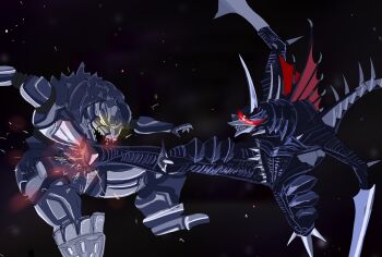 arm_blade armor claws cyborg fangs full_body giant giant_monster gigan gigan_(gigan1024896) godzilla:_final_wars godzilla_vs._mechagodzilla_ii gundam highres horns kaiju kicking mecha mechagodzilla meme mobile_suit_gundam monster no_humans open_mouth red_eyes robot scene_reference sharp_teeth space spikes tail teeth toho tokusatsu weapon wings yellow_eyes