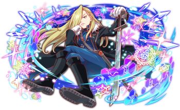 1girl amestris_military_uniform anime_coloring artist_request belt belt_buckle black_boots black_coat black_collar black_sleeves blonde_hair blue_collar blue_eyes blue_jacket blue_pants boots breasts buckle coat collar collared_coat collared_jacket crash_fever floating_hair from_below full_body fullmetal_alchemist fur-trimmed_jacket fur_collar fur_trim game_cg gloves grey_belt hair_intakes hair_over_one_eye hand_on_own_cheek hand_on_own_face head_rest hexagon holding holding_sword holding_weapon honeycomb_(pattern) jacket knee_boots light_particles lips long_hair looking_at_viewer mature_female medium_breasts military military_jacket military_uniform number_print numbered official_art olivier_mira_armstrong outline pants pink_lips planted planted_sword planted_weapon print_boots red_outline scabbard serious sheath shoe_soles sitting snowflakes solo sparkle square square_print sword tachi-e third-party_source transparent_background v-shaped_eyebrows weapon white_collar white_fur white_gloves yellow_trim