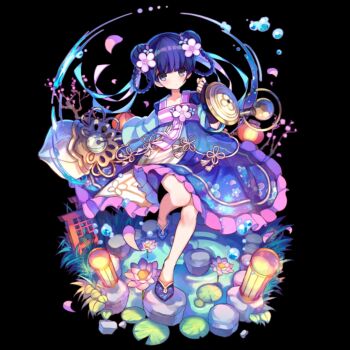 black_background blue_hair blue_shoes blunt_bangs blush braid chinese_clothes closed_mouth club_(weapon) double_bun dress flat_chest flats flower full_body grass grey_eyes hair_bun hair_flower hair_ornament highres holding holding_club holding_shield holding_weapon li_hua_(merc_storia) long_sleeves lotus merc_storia merc_storia_art_team official_art pink_flower pond shield shoes simple_background solo standing tachi-e water weapon wide_sleeves