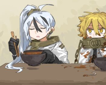 115_koubunshi 1boy 1girl ahoge black_gloves black_hair black_necktie blonde_hair bowl cape chain chopsticks closed_eyes collar don_quixote_(project_moon) earpiece food food_on_face gloves hair_between_eyes hashtag-only_commentary holding holding_bowl holding_chopsticks index_(identity)_(project_moon) library_of_ruina limbus_company long_hair messy_eater metal_collar multicolored_hair necktie open_mouth project_moon side_ponytail soup stained_clothes streaked_hair stream table upper_body white_cape white_hair yan_vismok yellow_eyes