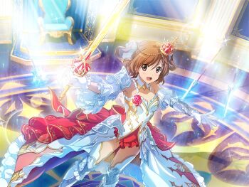 Rule 34 | 1girl, aijou karen, armor, arthurian legend, breasts, brown eyes, brown hair, cleavage, cosplay, crown, detached collar, detached sleeves, dress, dutch angle, frilled sleeves, frills, game cg, gloves, holding, holding sword, holding weapon, king arthur (mythology), king arthur (mythology) (cosplay), light rays, looking at viewer, medium breasts, mini crown, official art, open mouth, short hair, shoujo kageki revue starlight, shoujo kageki revue starlight -re live-, shoulder armor, showgirl skirt, solo, standing, sword, thighhighs, throne, throne room, tilted headwear, two side up, upper body, weapon, white dress, white gloves, white sleeves, white thighhighs