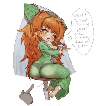 1girl ? ass barefoot black_panties black_shirt black_souls black_souls_2 blush breasts brown_eyes cake chibi chibi_only debuffs_only disembodied_hand dress english_text food green_dress green_ribbon hair_between_eyes hair_ribbon hand_on_own_face highres holding holding_cake holding_food icing_on_face loli long_hair long_sleeves looking_at_viewer margaret_von_tyrol_(black_souls) messy_hair open_mouth orange_hair panties pointing pointing_at_another puffy_long_sleeves puffy_sleeves raised_eyebrow ribbon shirt sitting sitting_on_object small_breasts solo_focus star-shaped_pupils star_(symbol) symbol-shaped_pupils underwear veil white_background white_veil