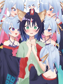 Rule 34 | 6+girls, @ @, bare shoulders, black hair, blue eyes, blue hair, blush, blush stickers, chibi yachiyo, cho kaguya-hime!, clone, clone harem, commentary, forehead jewel, green aura, green eyes, hair ornament, hair rings, hair stick, halterneck, highres, holding hands, long hair, looking at another, mihasono, mini person, minigirl, multicolored hair, multiple girls, on head, open mouth, runami yachiyo, sakayori iroha, short hair, sleeves past fingers, sleeves past wrists, smile, twintails, two-tone hair, wide sleeves, yuri
