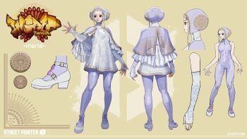 1girl absurdres albino bodysuit bodysuit_under_clothes capelet character_name concept_art covered_navel dress elbow_gloves escoffion gloves hairpods highres ingrid_(capcom) multiple_views official_art purple_bodysuit reference_sheet sleeveless sleeveless_bodysuit solo street_fighter street_fighter_6 turnaround