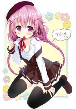 1girl arm_at_side beret black_thighhighs blush border braid brown_shoes brown_skirt closed_mouth comic_girls commentary_request flat_chest floral_background full_body hair_between_eyes hair_ornament hand_up hat high-waist_skirt highres loafers long_hair long_sleeves looking_at_viewer low_twin_braids moeta_kaoruko mouth_hold nagayama_yuunon pleated_skirt purple_eyes purple_hat ribbon ribbon_in_mouth shirt shoes shy simple_background sitting skirt solo speech_bubble strap_slip suspenders thighhighs thought_bubble twin_braids very_long_hair wariza white_border white_shirt x_hair_ornament yellow_background zettai_ryouiki