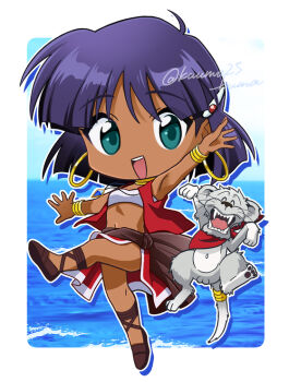 1girl :d ^_^ armpits artist_name bandana bandeau belt blue_sky blunt_ends bob_cut border bracelet breasts brown_belt brown_sandals brown_sash cat chibi chibi_only closed_eyes commentary cropped_vest cross-laced_sandals dark-skinned_female dark_skin earrings full_body fushigi_no_umi_no_nadia gold_bracelet gold_earrings green_eyes hair_ornament hairclip hoop_earrings horizon jewelry jumping king_(nadia) kuuma25_kuma leg_up lion lion_cub midriff nadia_la_arwall navel neck_ring ocean open_clothes open_mouth open_vest outdoors outline outside_border outstretched_arms pelvic_curtain purple_hair red_bandana red_skirt red_vest sandals short_hair signature skirt sky sleeveless small_breasts smile solo spread_fingers strapless tail tail_ornament tail_ring teeth tube_top twitter_username upper_teeth_only vest water white_bandeau white_border white_cat white_outline white_trim