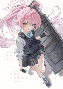 1girl ahoge ammunition ammunition_pouch ariko_(aaaaarik) artist_name ballistic_shield beretta_92 black_gloves black_skirt blue_archive blue_eyes blue_necktie blue_shoes bulletproof_vest chest_holster closed_mouth collared_shirt commentary fingerless_gloves floating_hair foreshortening from_above full_body glint gloves gun hair_between_eyes halo handgun heterochromia highres hoshino_(armed)_(blue_archive) hoshino_(blue_archive) long_hair looking_at_viewer necktie orange_eyes pink_hair pink_halo plaid_clothes plaid_skirt ponytail pouch school_uniform shield shirt shoes shotgun_shell skirt sleeves_rolled_up smile socks solo tactical_school_uniform walking weapon white_background white_shirt white_socks