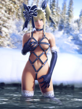 1girl 3d bdsm blonde_hair blue_eyes bondage bound breasts collar crotch_rope elbow_gloves female_focus forest gloves harness incise_soul m-rs nature outdoors ribbon rukia_(incise_soul) sky solo thighhighs water winter