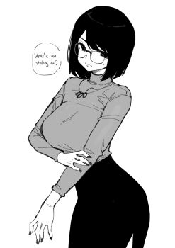 1girl annoyed black_nails bob_cut breasts closed_mouth cowboy_shot desyana_laurentia english_text glasses greyscale highres jewelry large_breasts leaning_forward long_sleeves looking_at_viewer medium_hair monochrome necklace norman_maggot original pencil_skirt raised_eyebrow simple_background skirt solo speech_bubble sweater sweater_tucked_in swept_bangs turtleneck white_background