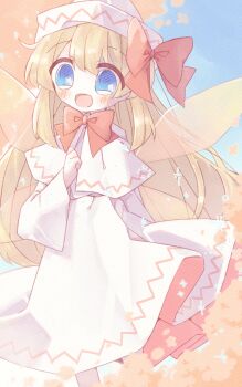 1girl blonde_hair blue_eyes blush bow bowtie capelet cherry_blossoms commentary dress fairy fairy_wings fittoti_ne hat highres lily_white long_hair long_sleeves looking_ahead outdoors red_bow red_bowtie smile solo straight_hair touhou very_long_hair white_capelet white_dress white_hat wings