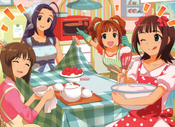 Rule 34 | 4girls, ;q, absurdres, ahoge, amami haruka, annindoufu (oicon), apron, bow, bowl, brown hair, closed eyes, closed mouth, cooking, cup, food, fruit, gloves, green apron, green eyes, green gloves, hagiwara yukiho, hair bow, highres, holding, holding bowl, holding cup, holding whisk, idolmaster, idolmaster (classic), idolmaster 1, indoors, kitchen, kitchen knife, knife, long hair, miura azusa, multiple girls, multiple hair bows, official art, one eye closed, open mouth, orange hair, oven, pointing, polka dot, polka dot apron, purple hair, red apron, red bow, red eyes, short hair, smile, strawberry, striped apron, striped clothes, table, tablecloth, takatsuki yayoi, tea set, teacup, teapot, third-party source, tongue, tongue out, twintails, vertical-striped apron, vertical-striped clothes, whisk