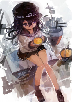 1girl absurdres akatsuki_(kancolle) anchor_symbol black_hair black_hat black_shoes black_skirt commentary cooking_pot cup flat_cap food from_above hat highres holding kaamin_(mariarose753) kantai_collection long_hair long_sleeves pleated_skirt purple_eyes rigging sailor_collar school_uniform serafuku shoes simple_background sitting skirt solo soup