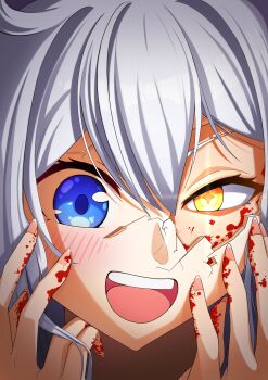 1girl absurdres blood blood_on_face blood_on_hands blue_eyes commentary cracked_kawaii_mask english_commentary grey_hair hair_between_eyes hair_intakes hands_up highres honkai_(series) honkai_impact_3rd kiana_kaslana kiana_kaslana_(herrscher_of_the_void) open_mouth portrait solo xian_dra1805 yellow_eyes