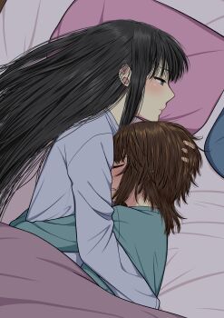 2girls absurdres black_hair blue_eyes blue_shirt brown_hair closed_eyes closed_mouth commentary_request cuddling from_above hand_in_another's_hair highres hug long_hair multiple_girls on_bed original pajamas parted_lips pillow ryuusa shirt short_hair sleeping under_covers yuri