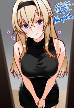 1girl alternate_costume black_dress black_hairband blonde_hair blue_eyes braid breasts character_name commentary_request cowboy_shot dated dress engo_(aquawatery) from_above hairband half_up_braid kantai_collection long_hair medium_breasts one-hour_drawing_challenge signature sleeveless sleeveless_dress smile solo turtleneck turtleneck_dress v_arms warspite_(kancolle)