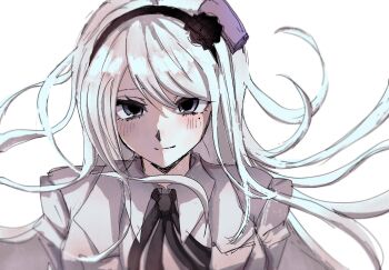 Rule 34 | 1girl, black hairband, black ribbon, collared shirt, commentary, grey eyes, hairband, highres, jacket, kashimiya karua, long hair, looking at viewer, me do me do, neck ribbon, ribbon, shirt, solo, the hundred line -last defense academy-, upper body, white background, white hair, white jacket, white shirt