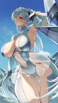 1girl absurdres ass bodysuit breasts cinderella_(nikke) gluteal_fold goddess_of_victory:_nikke grey_bodysuit grey_hair highres large_breasts red_eyes see-through_clothes see-through_skirt skirt solo thick_thighs thighs utsuke_(u_tuk_e)