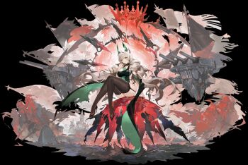 1girl absurdres alchemaniac andrea_doria_(azur_lane) andrea_doria_(meta)_(azur_lane) architecture armor ass azur_lane black_shoes black_thighhighs breasts brown_eyes brown_hair castle coat colored_smoke copyright_notice crown dress drill_hair flag floating_crown full_body garter_straps glowing green_coat green_dress green_horns hair_intakes high_heels highres horns knight lance large_breasts long_hair looking_at_viewer machinery multiple_others non-web_source official_art polearm rigging shield ship_turret shipwreck shoes sitting smoke solo stiletto_heels thighhighs thighs twin_drills very_long_hair weapon