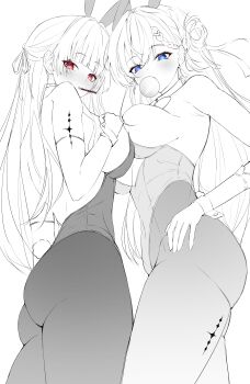 2girls absurdres alternate_costume animal_ears ass bare_shoulders blowing_bubble_gum blue_eyes blush braid braided_bangs breast_press breasts chewing_gum chisa_(wuthering_waves) commentary_request earrings fake_animal_ears fake_tail food food_in_mouth hair_ornament hair_ribbon highres jewelry korean_commentary large_breasts lastfor leotard long_hair looking_at_viewer lynae_(wuthering_waves) multiple_girls pantyhose playboy_bunny pocky pocky_in_mouth rabbit_ears rabbit_tail red_eyes ribbon simple_background skull_hair_ornament star_(symbol) star_earrings symmetrical_docking tacet_mark_(wuthering_waves) tail thighs white_background wuthering_waves
