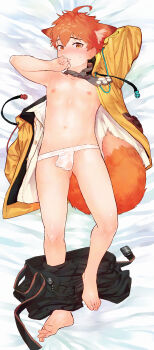 1boy animal_ears barefoot blush jacket jacket_partially_removed jnnkleeche_(artist) lying male_focus necktie nipples orange_eyes orange_hair original pants pants_around_one_leg short_hair shota solo sweatdrop tail underwear