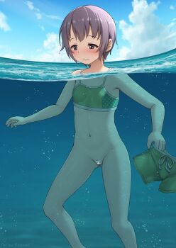 1girl arisu_kazumi barefoot bikini bikini_top_only blush breasts brown_eyes bubble censored cloud collarbone feet_out_of_frame female_focus green_bikini green_male_swimwear green_swim_trunks grey_hair have_to_pee holding holding_male_swimwear holding_unworn_clothes idolmaster idolmaster_cinderella_girls loli looking_down male_swimwear navel ocean otokura_yuuki partially_submerged polka_dot polka_dot_bikini polka_dot_swimsuit pussy short_hair sky small_breasts swim_trunks swimming swimsuit underwater unworn_swimsuit water wavy_mouth wet