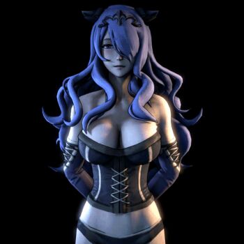 10s 1girl 3d animated animated_gif arms_behind_back artist_request bare_shoulders bayernsfm black_background black_gloves black_panties bouncing_breasts breasts camilla_(fire_emblem) cleavage corset covering_one_eye elbow_gloves female_focus fire_emblem fire_emblem_fates fire_emblem_warriors gloves hair_over_one_eye large_breasts long_hair looking_at_viewer nintendo panties purple_eyes purple_hair simple_background solo standing staring underwear upper_body