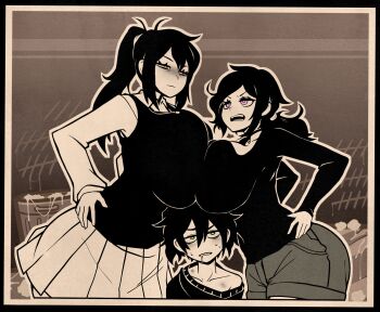 1boy 2girls alternate_breast_size_(larger) andrew_graves ashley_graves asymmetrical_docking black_choker black_hair black_shirt black_sweater blush breast_press breasts brother_and_sister choker cum cum_bucket cum_in_container dumpster green_eyes highres huge_breasts incest jewelry large_breasts long_sleeves mature_female mother_and_daughter mother_and_son multiple_girls necklace open_mouth pink_eyes ponytail renee_graves shirt short_hair siblings sinensian skirt sweater the_coffin_of_andy_and_leyley used_tissue yellow_eyes