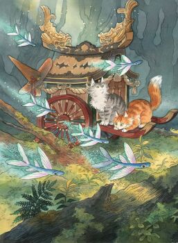 animal bow brown_hat cat chariot commentary dappled_sunlight english_commentary fantasy fern fish flying_fish forest glowing glowing_fish green_eyes grey_cat hat hat_bow hat_ornament heikala highres light_particles log magic:_the_gathering moss nature no_humans official_art orange_cat outdoors painting_(medium) plant red_bow scenery sitting squatting sunlight tail_raised traditional_media tree unworn_hat unworn_headwear watercolor_(medium) wheel witch_hat yellow_eyes