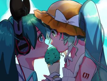 2girls aqua_eyes aqua_hair brown_hat commentary dual_persona eye_contact food from_side hat hatsune_miku headphones highres holding holding_hands holding_ice_cream_cone ice_cream ice_cream_cone long_hair looking_at_another magical_mirai_(vocaloid) magical_mirai_miku magical_mirai_miku_(2016) magical_mirai_miku_(2026) multiple_girls profile selfcest twintails vocaloid yano_0o0 yuri