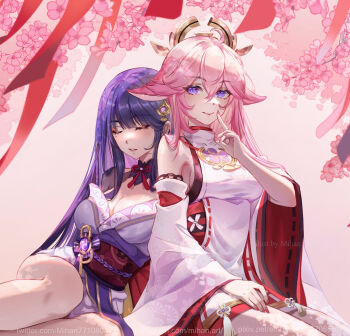 2girls animal_ear_piercing animal_ears blunt_bangs breasts bridal_gauntlets cherry_blossoms cleavage closed_eyes commentary couple covering_own_mouth english_commentary fox_ears fox_girl genshin_impact glowing gradient_hair hair_between_eyes hair_down hand_over_own_mouth headpiece highres index_finger_raised japanese_clothes jewelry kimono leaning_on_person leaning_to_the_side light_blush light_smile long_hair looking_at_viewer mihan_(mihan_art) mole mole_under_eye multicolored_hair multiple_girls neck_ribbon off_shoulder pendant pink_background purple_eyes purple_kimono raiden_shogun red_ribbon red_sash ribbon sash shade sitting sleeping upper_body yae_miko yuri