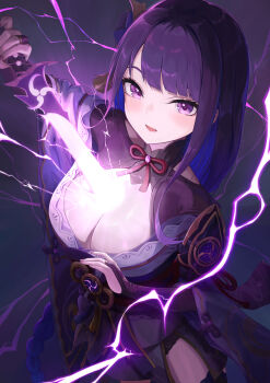1girl absurdres armor blunt_bangs blush braid breasts bridal_gauntlets cleavage clothing_cutout commentary drawing_sword electricity fan_hair_ornament genshin_impact glowing glowing_sword glowing_weapon highres hiyoku holding holding_sword holding_weapon huge_breasts human_scabbard japanese_clothes kimono leaning_to_the_side long_braid long_hair looking_at_viewer mitsudomoe_(shape) mole mole_under_eye multicolored_hair musou_isshin_(genshin_impact) off_shoulder powering_up puffy_sleeves purple_eyes purple_hair purple_kimono raiden_shogun red_sash sash shoulder_armor shoulder_cutout single_braid solo standing streaked_hair sword sword_between_breasts tomoe_(symbol) upper_body weapon