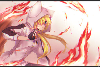 Rule 34 | 1girl, black leggings, blonde hair, blue eyes, closed mouth, female focus, fingerless gloves, fire, gloves, hair over one eye, hood, hood up, hooded jacket, jacket, kemono jihen, kon (kemono jihen), leggings, long hair, mototo, solo, twintails, upper body